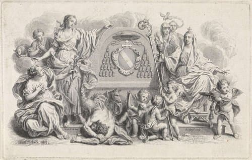 Allegorisch vignet met het wapen van een kardinaal by Pieter Tanjé