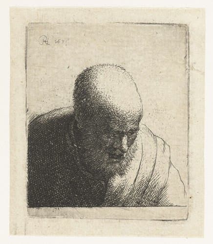 Bald man with open mouth, looking down: bust by Rembrandt van Rijn