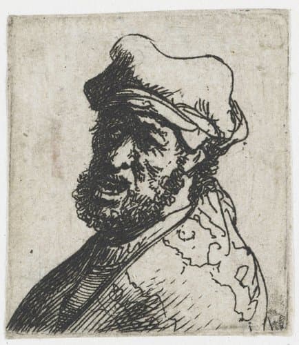 Sheet of studies of men's heads: man crying out, three quarters left: bust by Rembrandt van Rijn