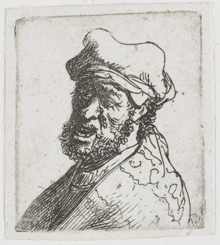 Sheet of studies of men's heads: man crying out, three quarters left: bust by Rembrandt van Rijn