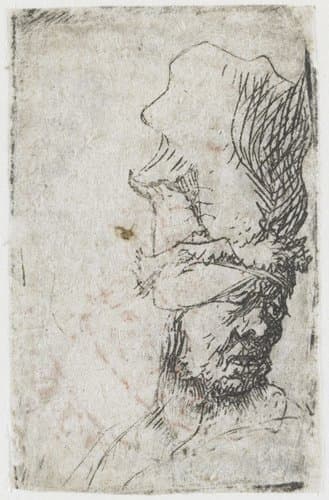 Kop van een oude man met een hoge muts by Rembrandt van Rijn