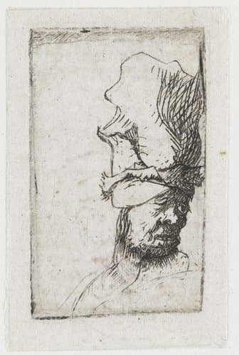 Head of a man in a high cap by Rembrandt van Rijn