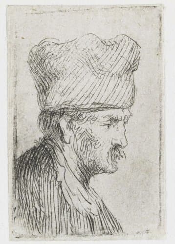 Sheet of studies of men's heads: man in a square cap, in profile right by Rembrandt van Rijn