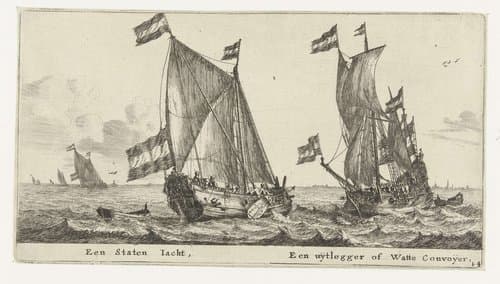 Twee schepen: een statenjacht en een uitlegger by Reinier Nooms