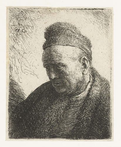 Beardless man in a fur cloak and cap: bust by Rembrandt van Rijn