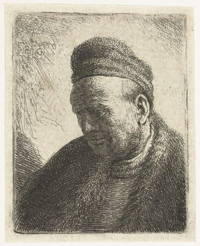 Beardless man in a fur cloak and cap: bust by Rembrandt van Rijn