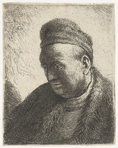 Beardless man in a fur cloak and cap: bust by Rembrandt van Rijn