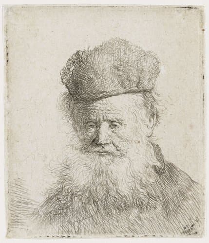 Een oude man met bontmuts en lange baard, naar beneden kijkend by Rembrandt van Rijn