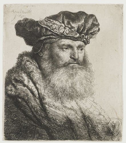 Bearded man in a velvet cap with a jewel clasp by Rembrandt van Rijn