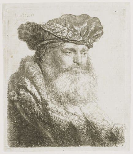 Bearded man in a velvet cap with a jewel clasp by Rembrandt van Rijn