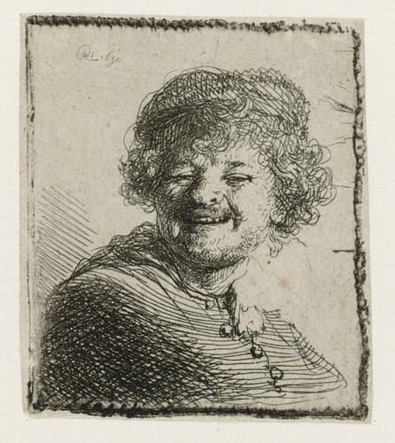 Zelfportret met baret, lachend by Rembrandt van Rijn