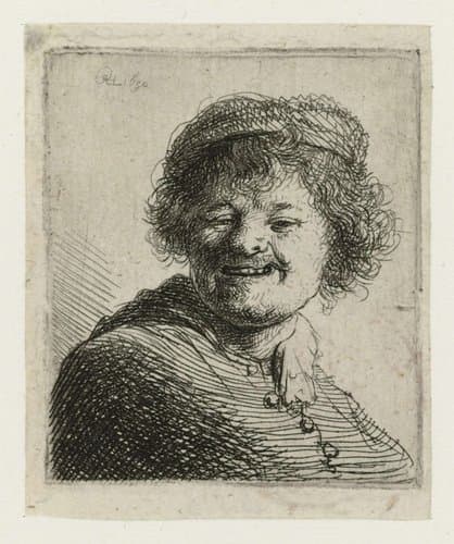 Self-portrait in a cap: laughing by Rembrandt van Rijn