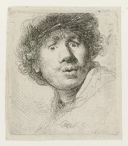 Zelfportret met baret en opengesperde ogen by Rembrandt van Rijn