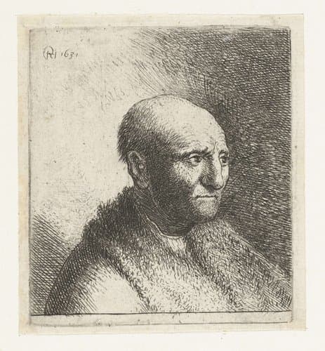 Bald man in a fur cloak: bust by Rembrandt van Rijn