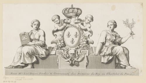 Wapen van de notarissen van het Châtelet in Parijs met personificaties van het Goede Geloof en de Wet