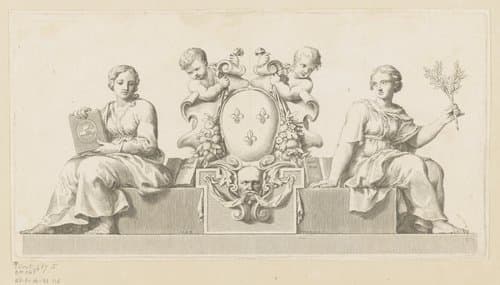 Wapen van de notarissen van het Châtelet in Parijs met personificaties van het Goede Geloof en de Wet by Claude Mellan