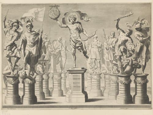 Allegorie ter ere van het huis Savoye met legendarische figuren op sokkels by Claude Mellan