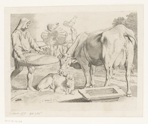 Man met mand bij een koe en haar kalf by Claude Mellan