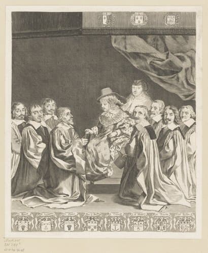 Lodewijk XIV van Frankrijk en zijn moeder Anna van Oostenrijk tussen handelaars en schepenen by Claude Mellan