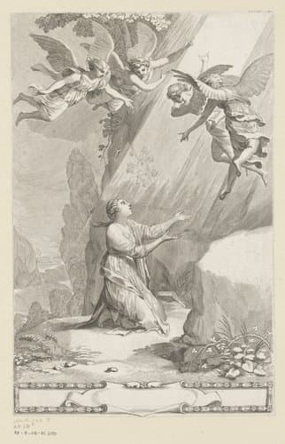 Geknielde vrouw in stralenbundel getoond door vier engelen by Claude Mellan