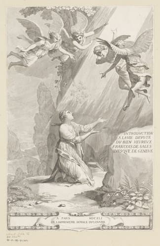 Geknielde vrouw in stralenbundel getoond door vier engelen by Claude Mellan