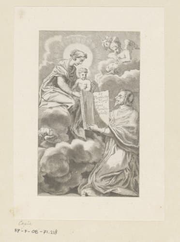 Armand-Jean du Plessis hertog van Richelieu presenteert een boek aan Maria met Kind