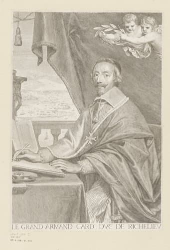 Portret van Armand-Jean du Plessis hertog van Richelieu, schrijvend aan een tafel by Claude Mellan