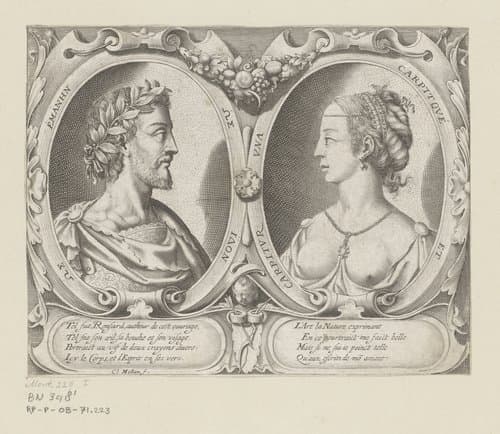 Portretten van Pierre de Ronsard en Cassandre Salviati in twee cartouches by Claude Mellan