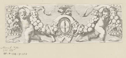 Twee putti met een guirlande van fruit en het wapen van kardinaal Jules Mazarin by Claude Mellan
