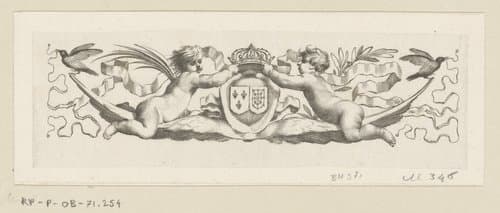 Putti die de wapens van Frankrijk en Navarra bekronen by Claude Mellan