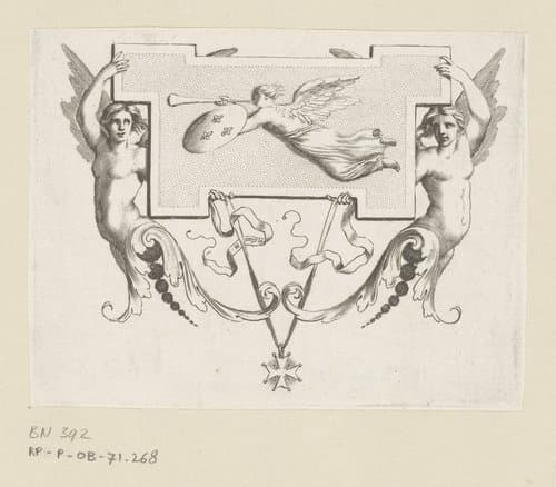 Cul-de-lampe van twee gevleugelde vrouwen een tableau ophoudend waarop de Roem (Fama) by Claude Mellan
