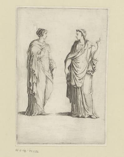 Twee staande vrouwen in antieke klederdracht by Claude Mellan