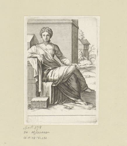 Vrouw zittend voor een muur by Claude Mellan