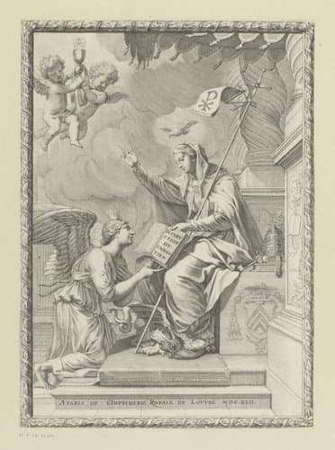 Personificatie van het Geloof geeft aan engel een boek by Claude Mellan