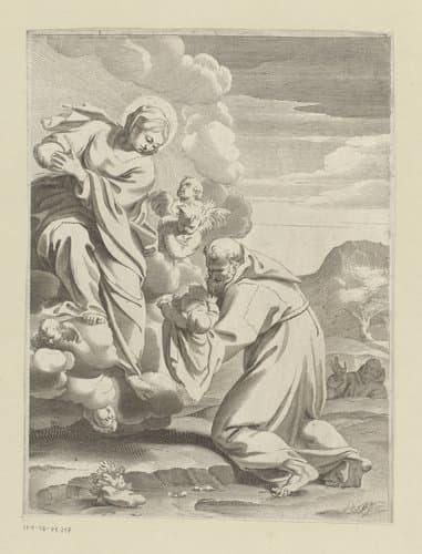 Maria op wolken kijkt neer op bedelmonnik met het Kind in zijn armen by Claude Mellan