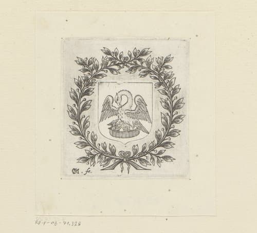 Zich in de borst pikkende pelikaan met haar jongen, omringd door krans by Claude Mellan