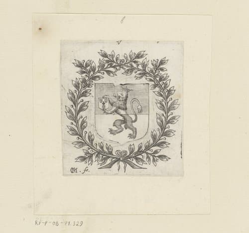 Wapenschild met leeuw, omringd door bladerkrans by Claude Mellan