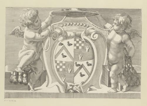 Twee putti met kardinaalshoed boven een wapenschild by Claude Mellan