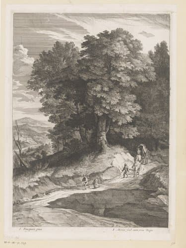 Landschap met reizigers met een kar op een pad by Jean Morin