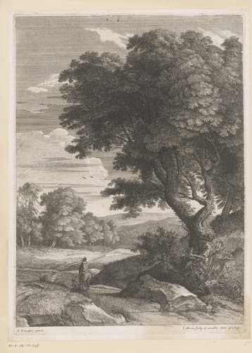 Landschap met ruiter voorafgegaan door een man met stok bij een boom