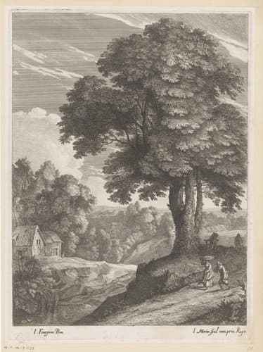 Landschap met figuren langs een pad bij een boom