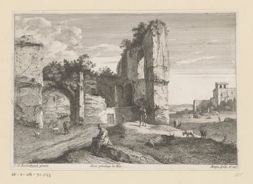 Landschap met een ruïne en een zittende vrouw op een steen by Jean Morin