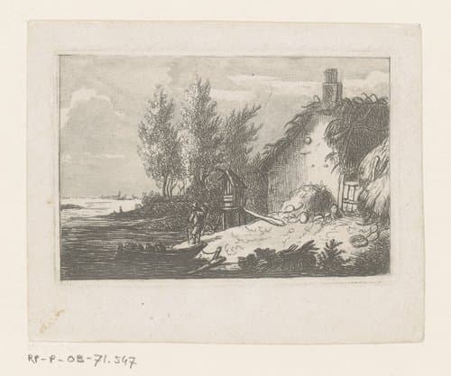 Man met boot bij een huis aan een rivier by Gabriel de Moulinneuf