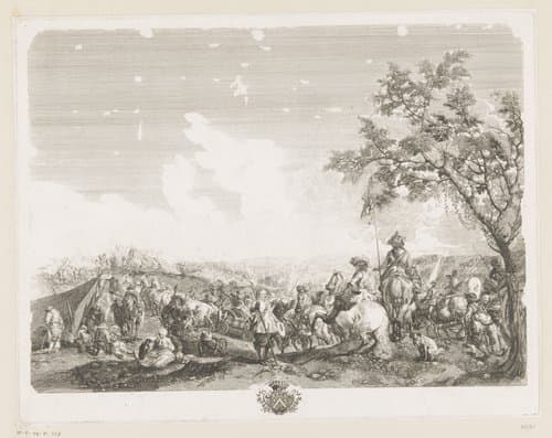Soldaten en aanvoerders in een legerkamp by Jean Moyreau