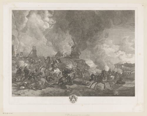 Ruitergevecht voor een molen by Jean Moyreau