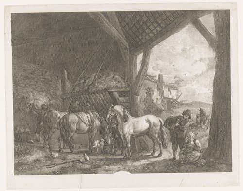 Figuren en paarden in een stal by Jean Moyreau