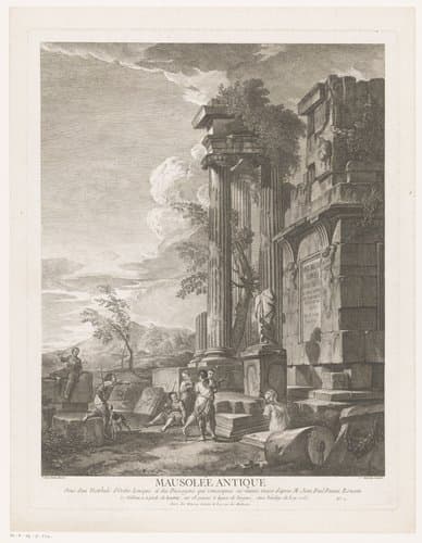 Gezicht op een antieke ruïne met figuren by Jean Moyreau