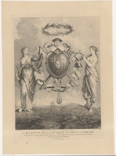 Allegorie op de alliantie van muziek en komedie met Erato en Thalia by Jean Moyreau