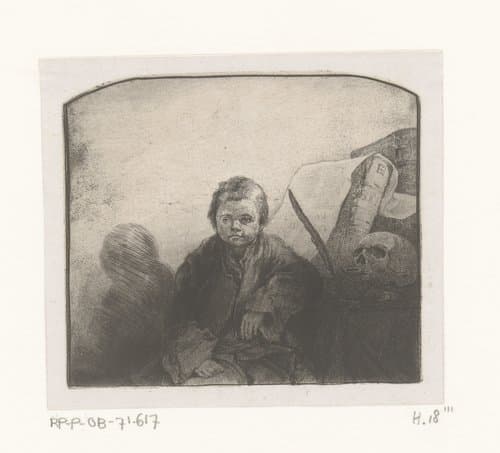 Zittende jongen bij een tafel met boek en schedel by Jean Pierre Norblin de la Gourdaine