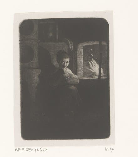 Lezend meisje bij vuur by Jean Pierre Norblin de la Gourdaine